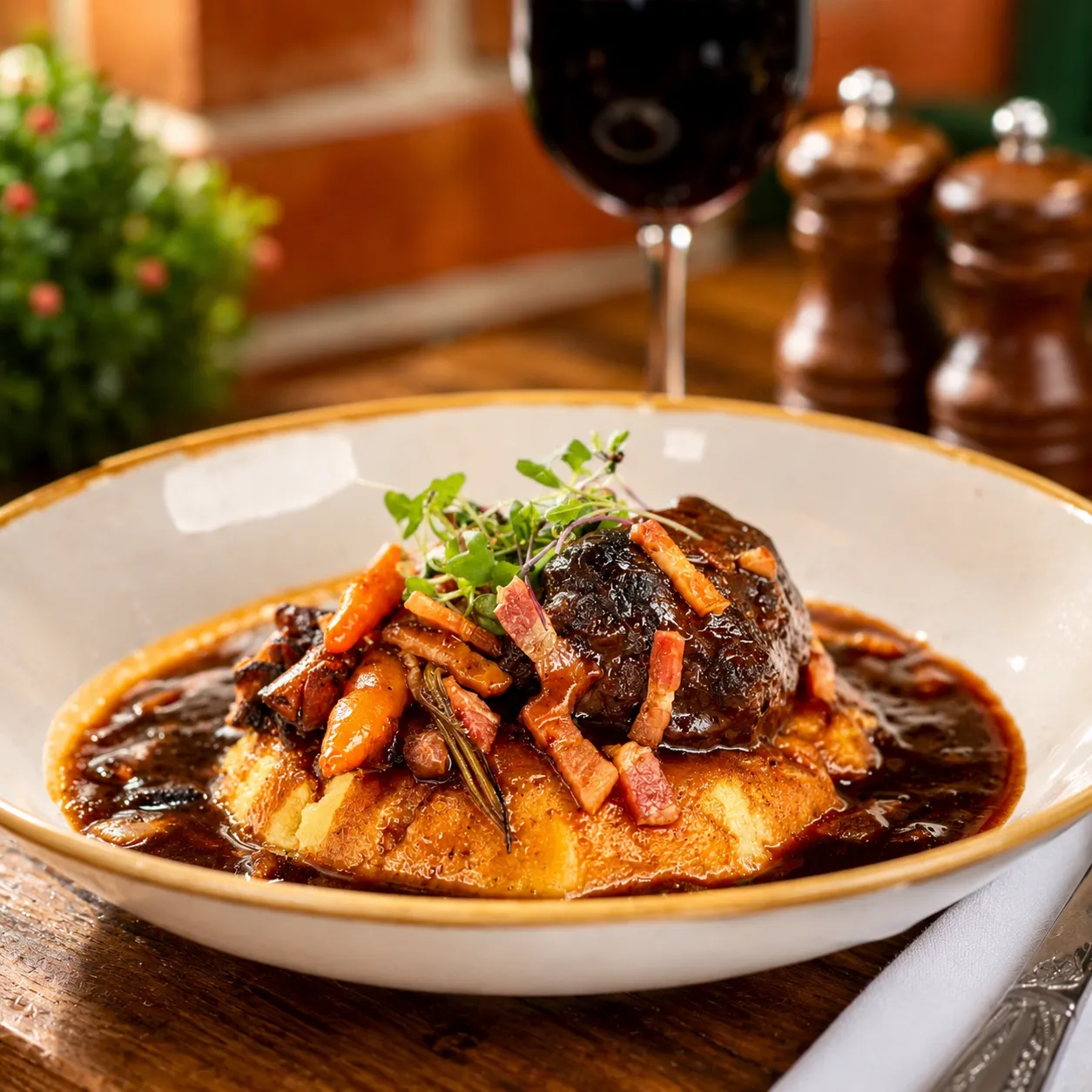 Braised beef with mash, root vegetables and rich gravy