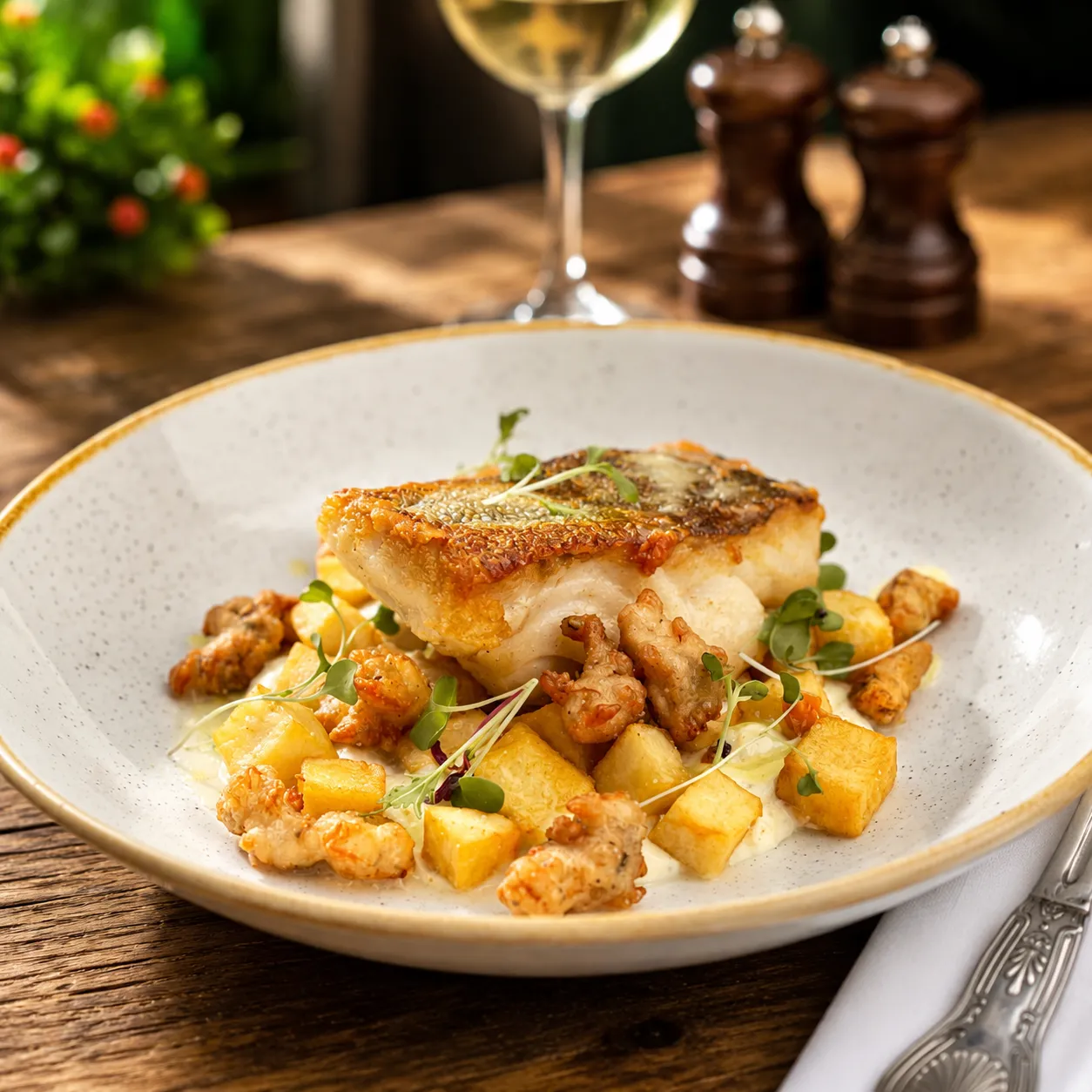 Pan-fried fish with crispy potatoes