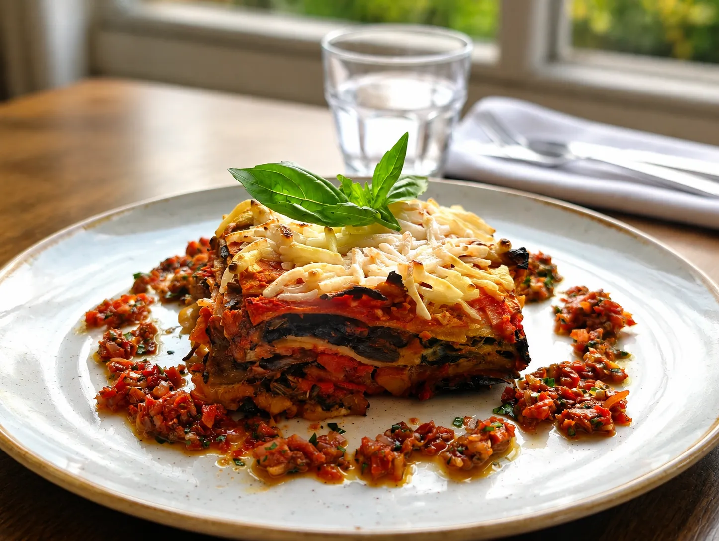 Lasagne topped with basil