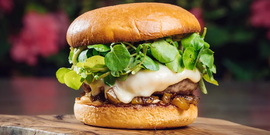 Venison burger with melted cheese and watercress
